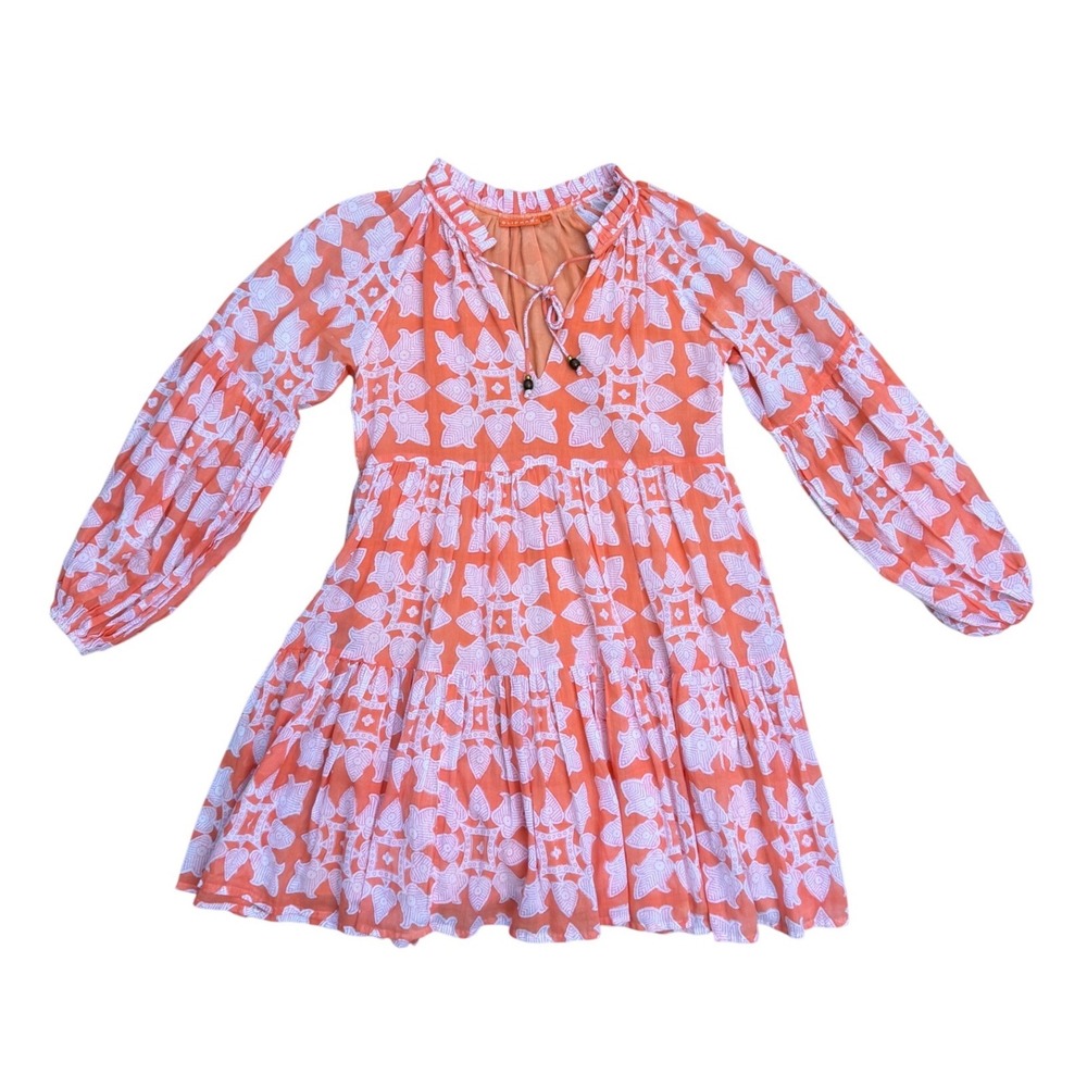 Oliphant Boho Block Print Cotton Tiered Mini Dress XS Long Sleeve preppy coastal